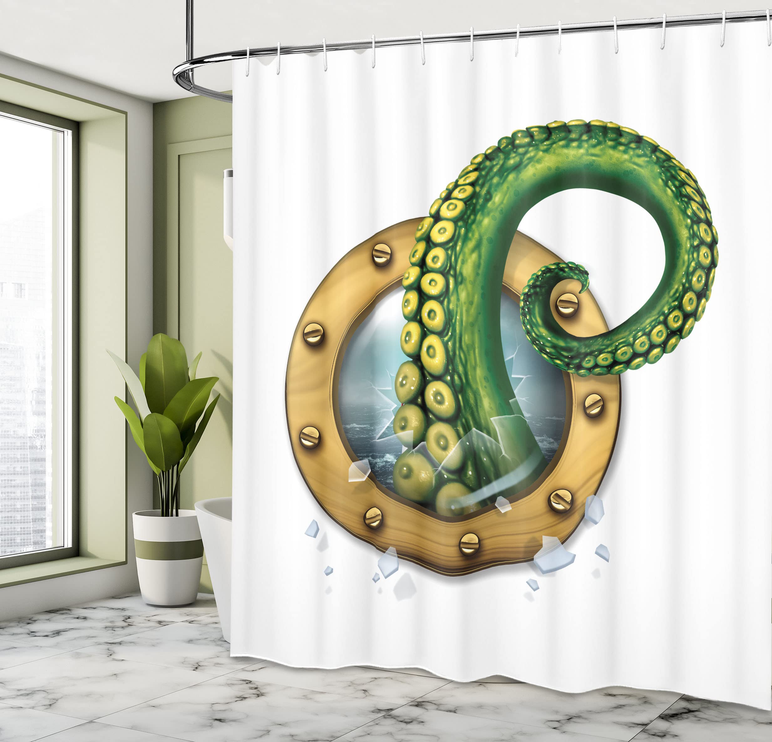 Ambesonne Octopus Shower Curtain, Ship Porthole Tentacles, Cloth Fabric Bathroom Decor Set With Hooks, 69'' W X 70'' L, Fern Bro